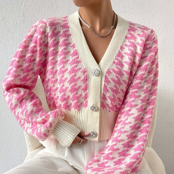 Pink Preppy Womens Houndstooth Pattern Lantern Sleeve Cardigan - Picture 3 of 5